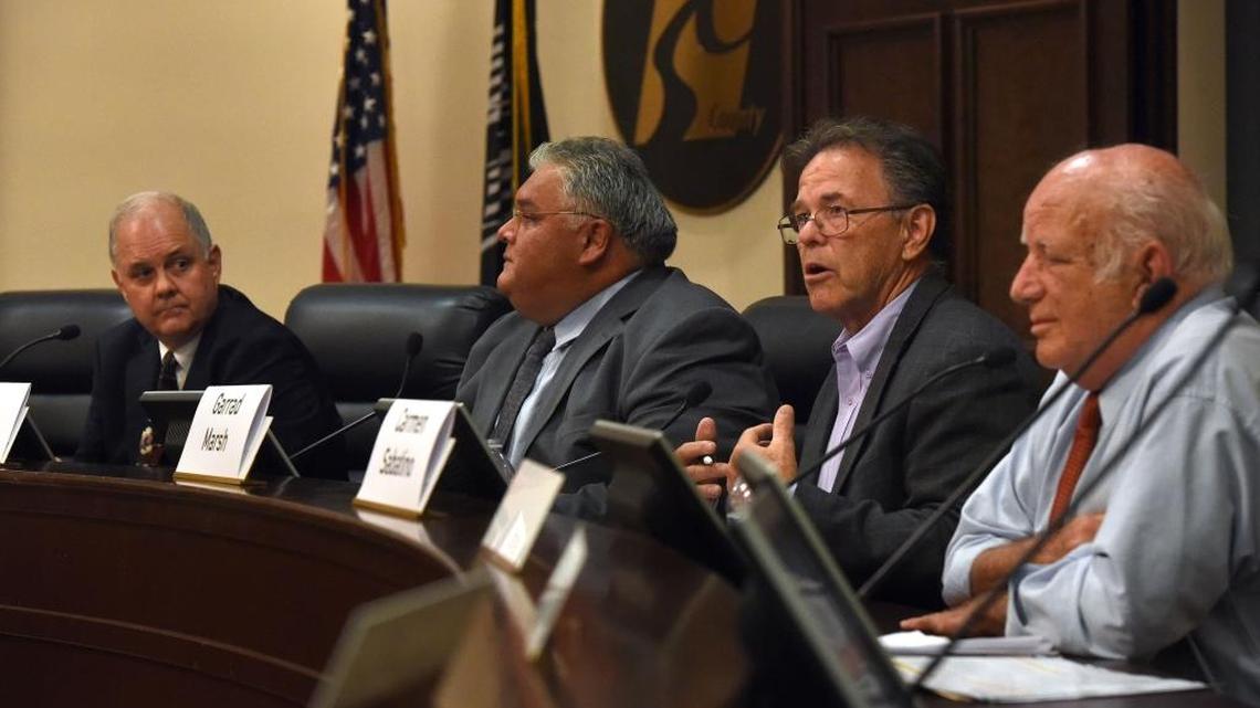 
Candidates for Modesto mayor, from left, Ted Brandvold, Councilman Dave Lopez, Mayor Garrad Marsh and Carmen Sabatino are pictured Monday, Oct. 12, 2015, at the League of Women Voters of Stanislaus County forum that took place in the basement chambers at Tenth Street Place in Modesto.
