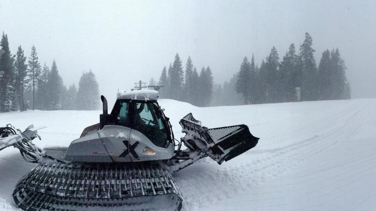 A Prinoth Bison X snow groomer is operated at Dodge Ridge ski area on Sunday.
