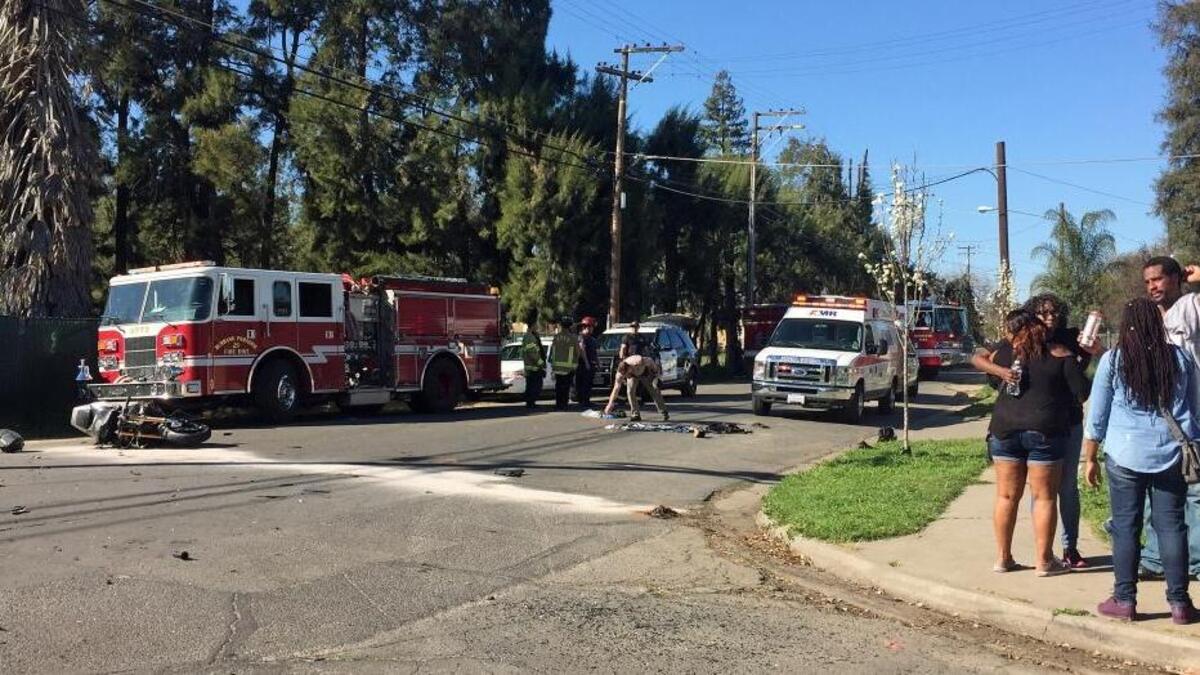 Emergency crews were on scene at the intersection of Colorado and Lema avenues in Modesto, Calif., after a van struck a motorcycle, sending six people to area hospitals, on Monday, March 13, 2017.