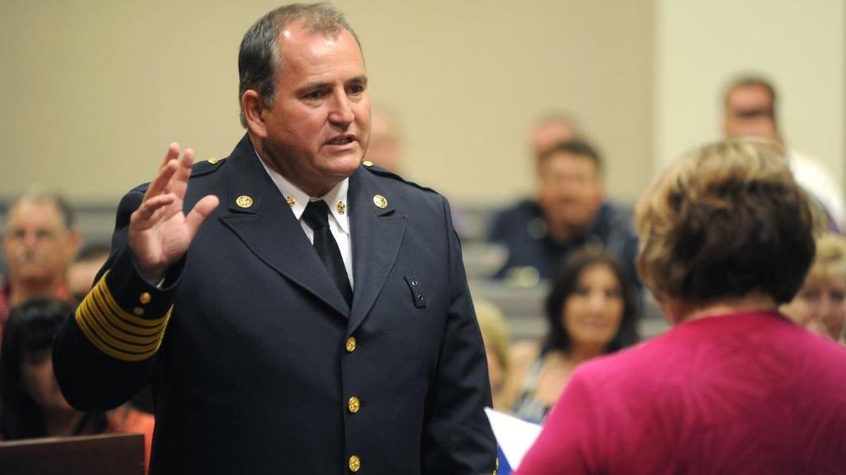 Randall Bradley is sworn as chief of Modesto Regional Fire Authority in 2013. He lasted less than a year in the job, and the agency was later dissolved. Bradley is leaving his current position with Stanislaus Consolidated for a job in Tracy.