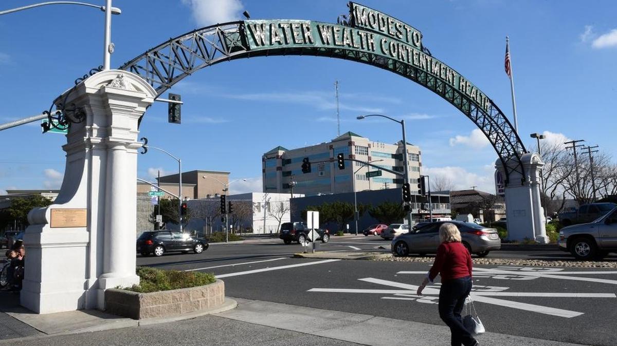 The Modesto arch on I and Ninth streets in downtown Modesto, Calif. is pictured.