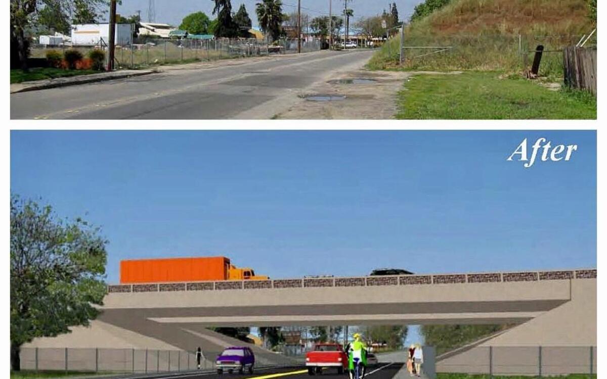 The bottom view could greet drivers on Emerald Avenue heading under the future Highway 132 bypass, according to a computer illustration in a new planning document.