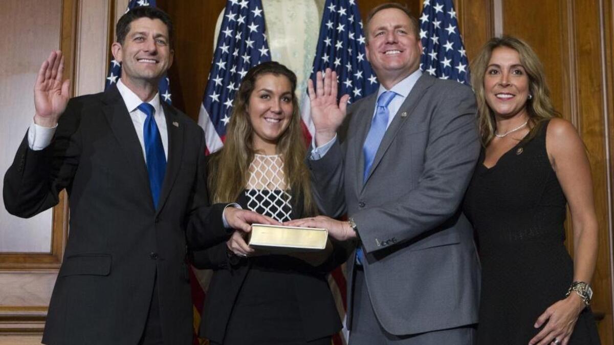 House Speaker Paul Ryan of Wisconsin administers the House oath of office to Rep. Jeff Denham, R-Turlock, during a mock swearing-in ceremony on Capitol Hill on Jan. 3, 2017, as the 115th Congress began.