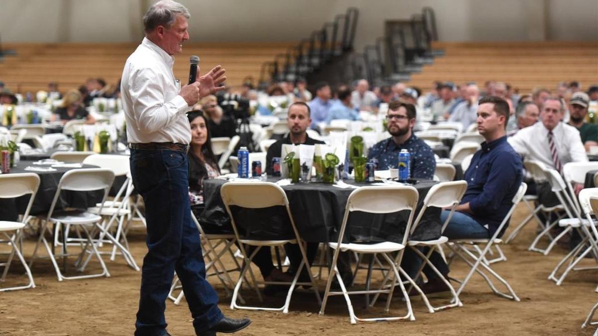 Paul Wenger, a local nut grower and state Farm Bureau president, speaks Thursday, May 12, 2016, at the Ag Unite lunch in the Ag Pavilion at Modesto Junior College in Modesto, Calif.