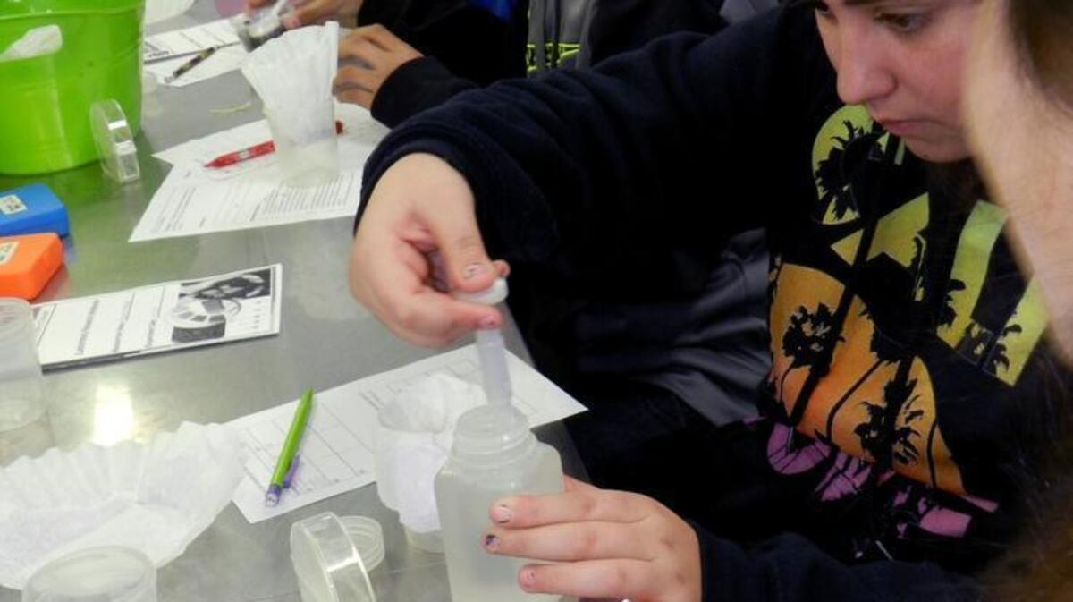 Bianca Yadegar, then an eighth-grader at Turlock Junior High School, learns how to measure soil pH in the Ag in Motion trailer, provided by the National Ag Science Center, based in Modesto, Calif. She is pictured Tuesday, Jan. 12, 2016. The trailer traveled to junior high schools to teach the science behind farming and food processing.