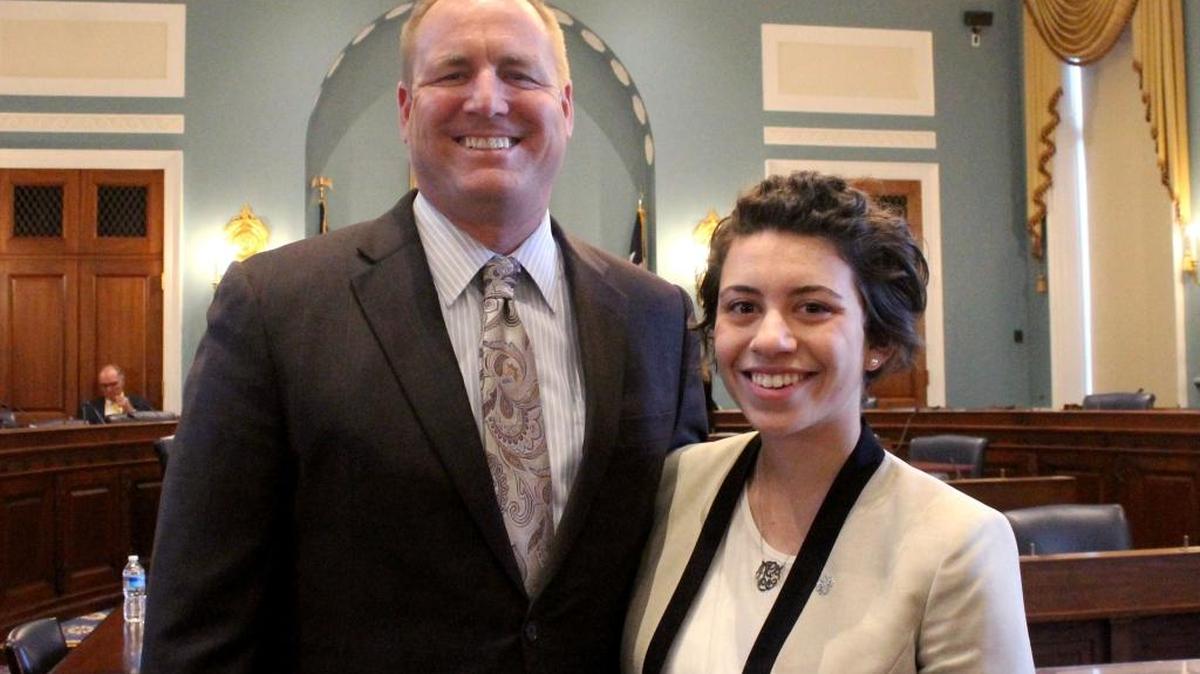 Rep. Jeff Denham, R-Turlock, meets with Dominique Germann of Ceres after she took part in a briefing on the 4-H program for the House Agriculture Subcommittee on Biotechnology, Horticulture and Research on Tuesday, April 12, 2016, in Washington, D.C.