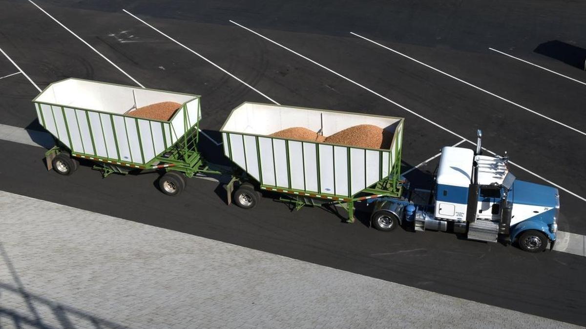 Blue Diamond Growers gave a "State of Art" Warehouse tour this morning (09-20-16) in Salida, Calif. A truck arrives with a load of almonds.