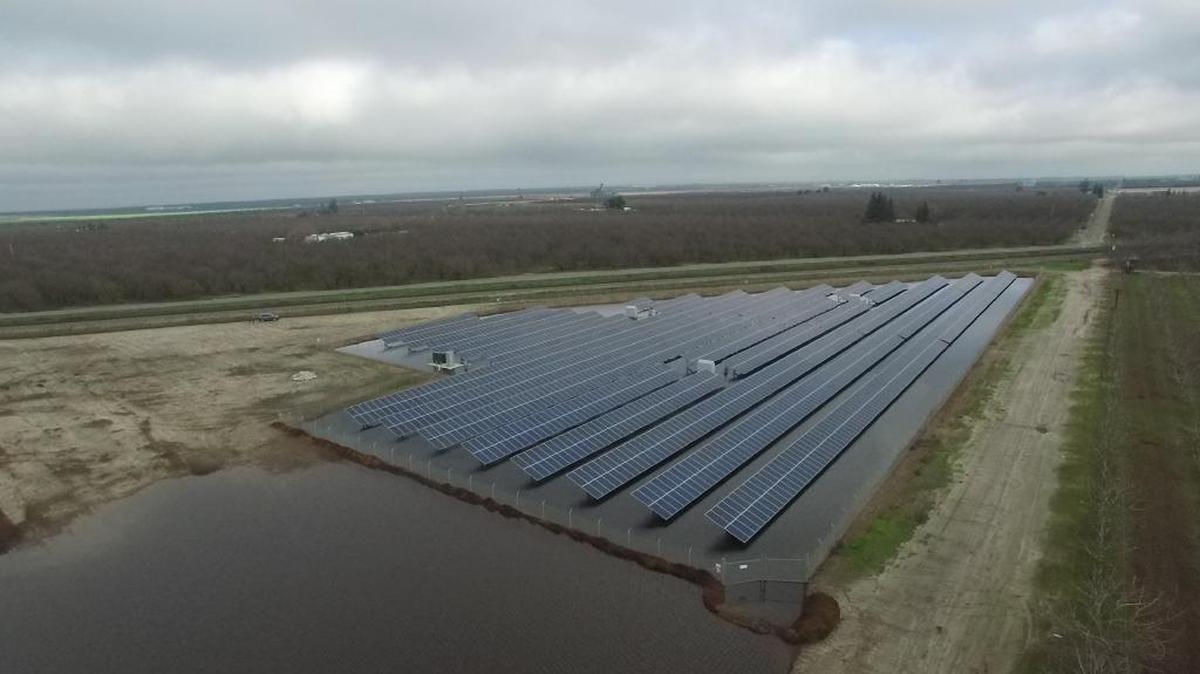 Solar panels at Cortez Hulling near Ballico were installed above a stormwater basin to make efficient use of the land.