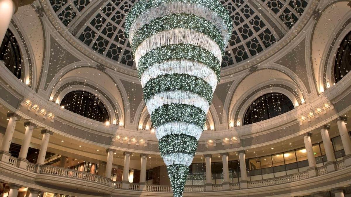 Cunningham’s company puts together holiday displays at malls, including the Westfield San Francisco Centre, where a 50-foot Christmas tree hangs inverted from the dome.