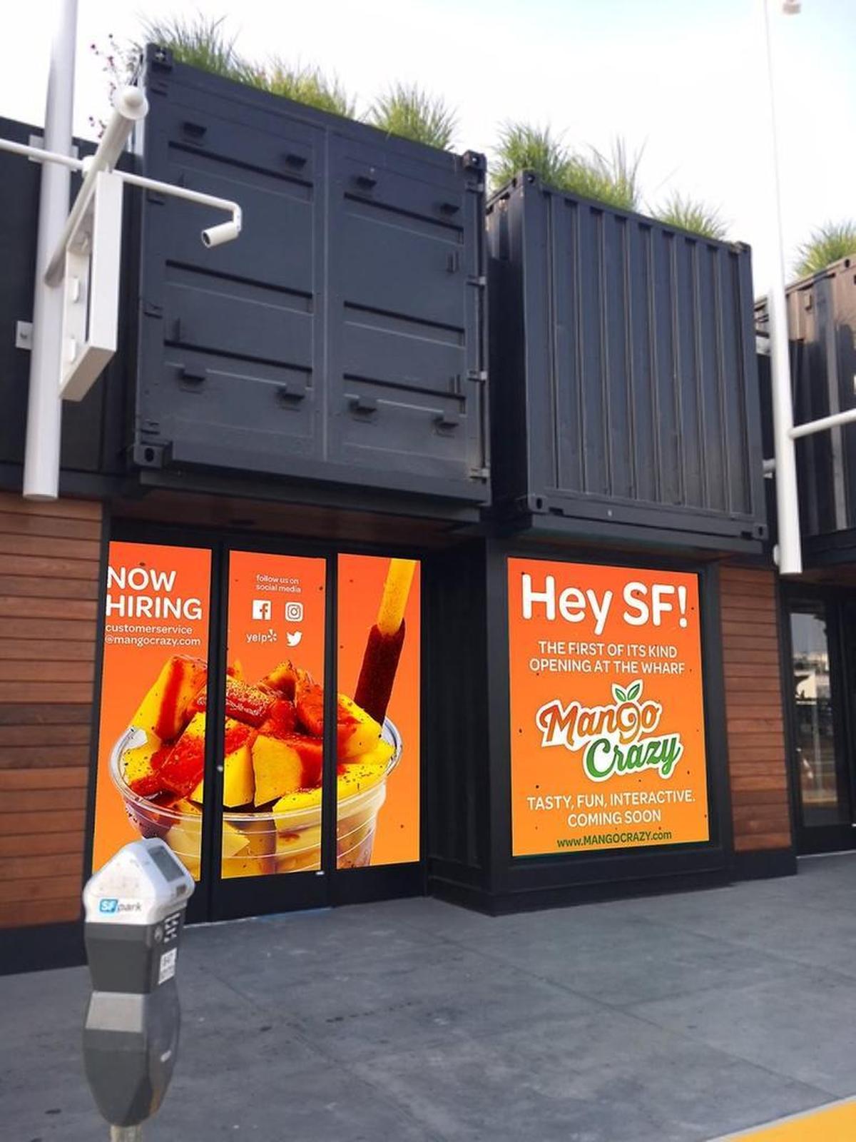Mango Crazy location at San Francisco’s Fisherman’s Wharf shown with artist rendering of front signs.
