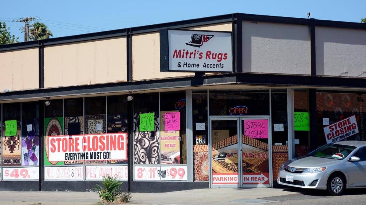 The exterior of Mitri's Rugs which will close in August after 29-years of business, is pictured (07-19-17) in Modesto, Calif.