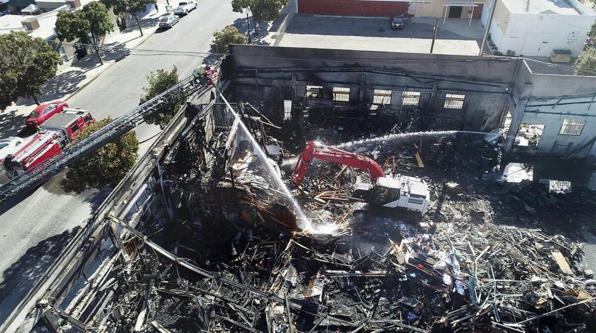 Aerial of the burnt out Crescent Supply on 8th Street in Modesto.