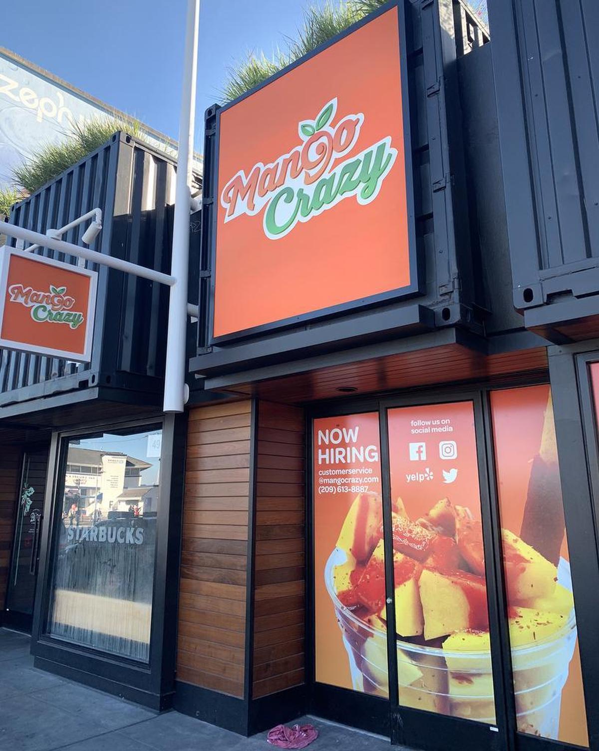 The exterior and interior of the new Mango Crazy in San Francisco’s Fisherman’s Wharf.
