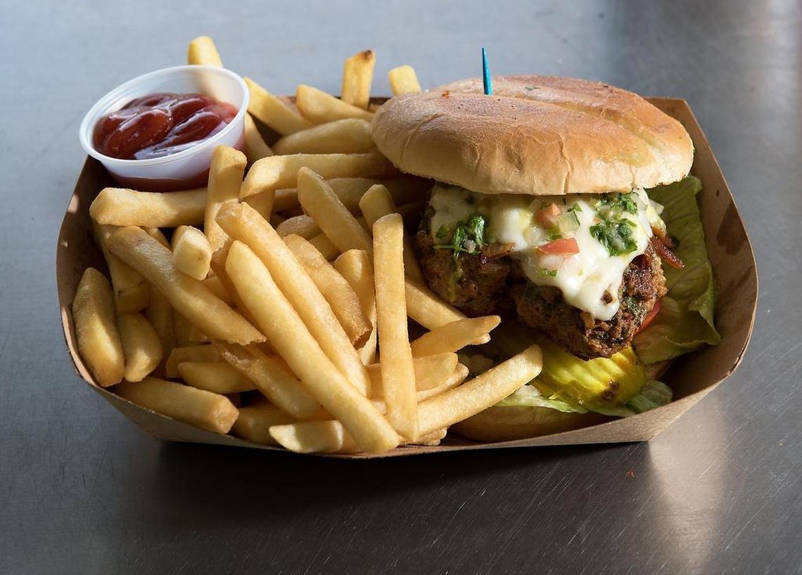 Titos burger, ground beef and chorizo blend, at Titos Tacos & Grill food truck on 240 Center Street in Turlock, Calif., on Wednesday, August 29, 2018.