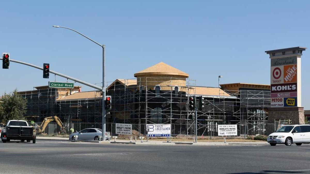 
Construction continues Wednesday on new shops at Crossroads shopping center in Riverbank.
