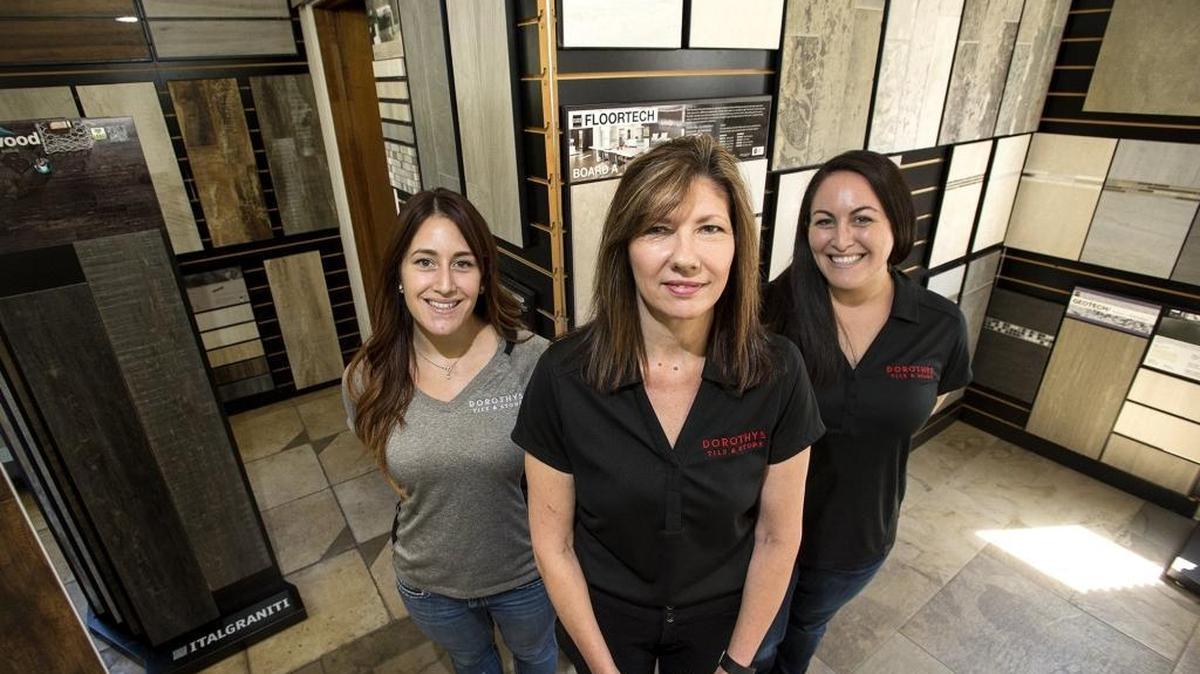
Owner Janice Cothran, center, is seen at Dorothy’s Tile & Stone with showroom support specialist Sarah Hunsinger, left, and sales representative Vanessa Hunsinger.
