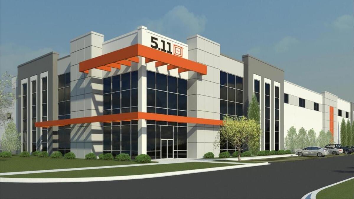 An artist’s rendering shows the new, 400,000-square-foot, state-of-the-art purpose-built Central Valley distribution center planned for 5.11 Tactical in Manteca.