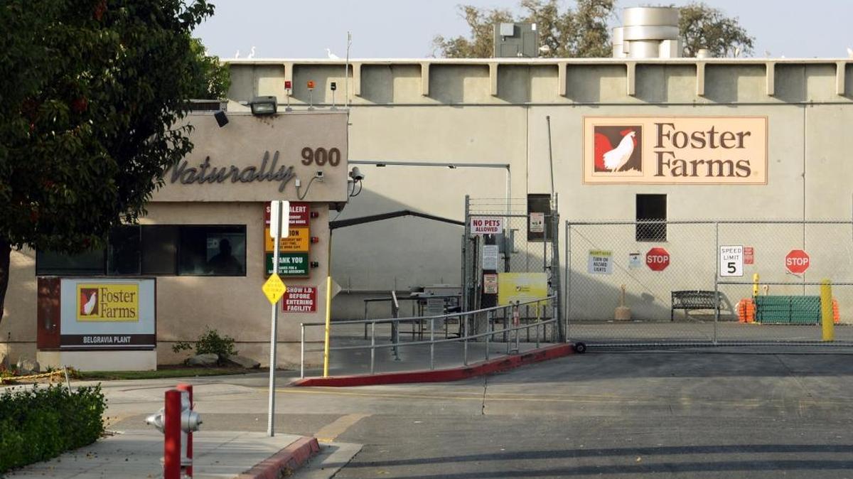 An Oct. 8, 2013, photo shows the exterior photo of the Foster Farms chicken plant on West Belgravia in southwest Fresno, Calif.