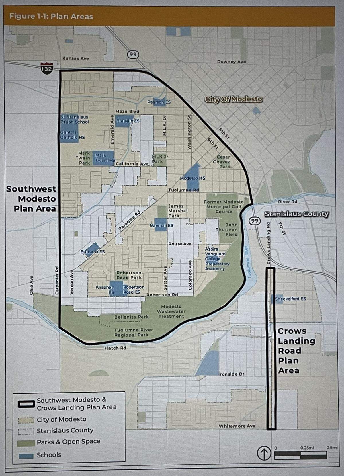 The draft Southwest Modesto plan takes in west Modesto and the portion of south Modesto right along Crows Landing Road. It got initial approval Aug. 5, 2024.