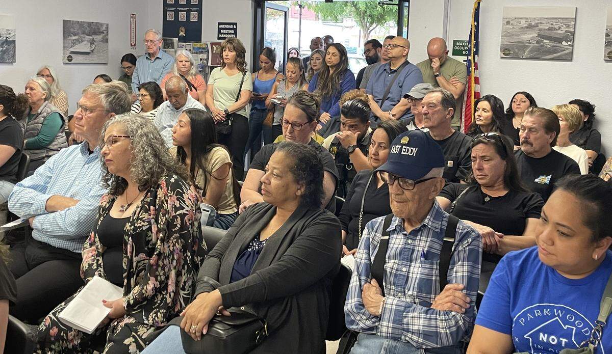 An overflow crowd debated a low-income housing project in Riverbank, Calif., on April 22, 2025.
