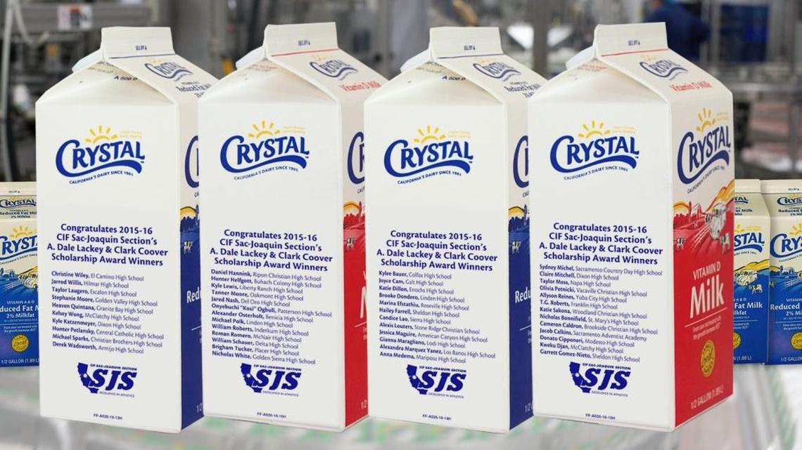 Crystal Creamery of Modesto, Calif., honored high school student-athletes on some of its milk cartons. They received scholarships through the Sac-San Joaquin Section. The company announced the honors on Monday, July 18, 2016.