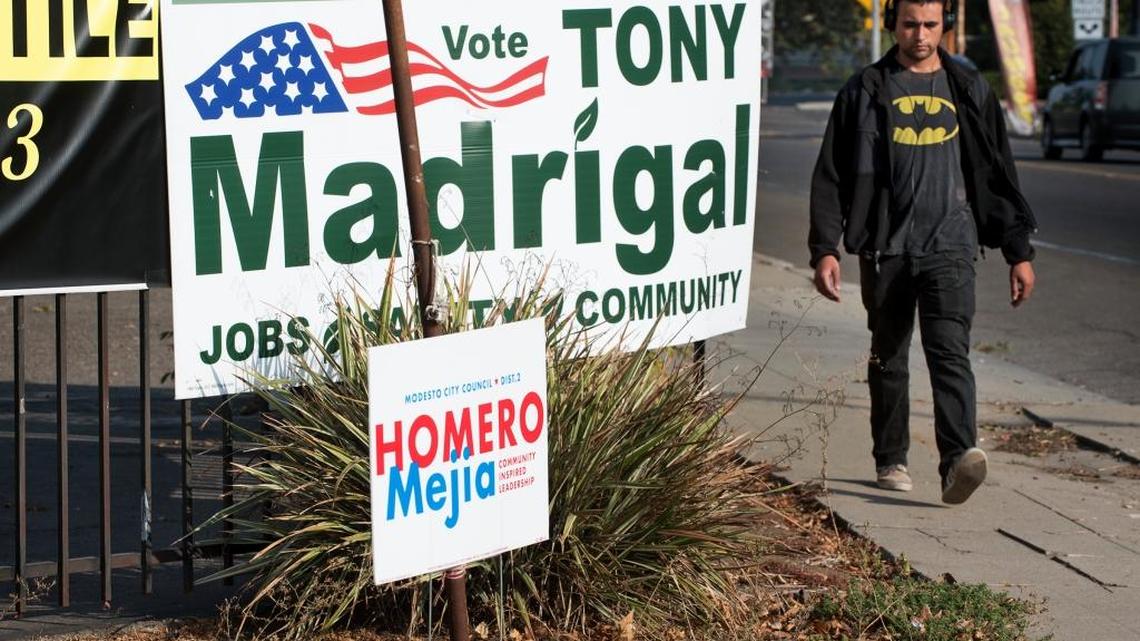 Campaign signs from the Modesto City Council district 2 campaign can be seen here on Maze Boulevard in Modesto.