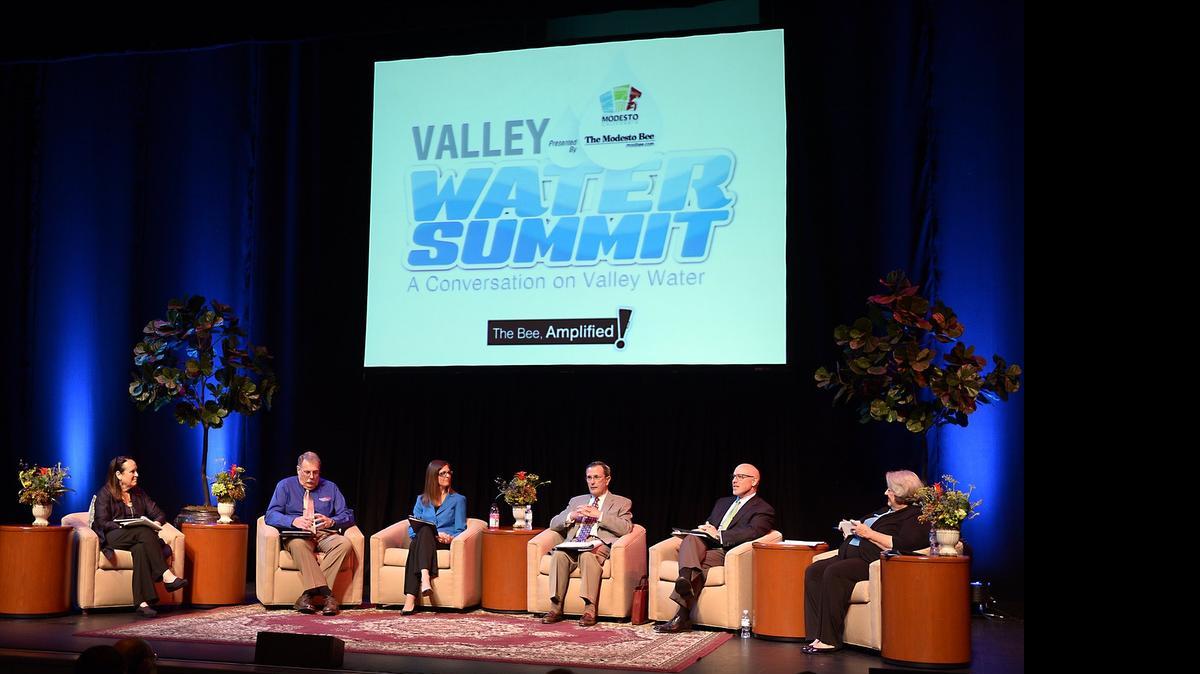
Panelists speak Wednesday evening (07-15-15) on stage at the Gallo Center For The Arts in downtown Modesto, Calif. during the Valley Water Summit sponsored by The Modesto Bee and The City of Modesto. 
