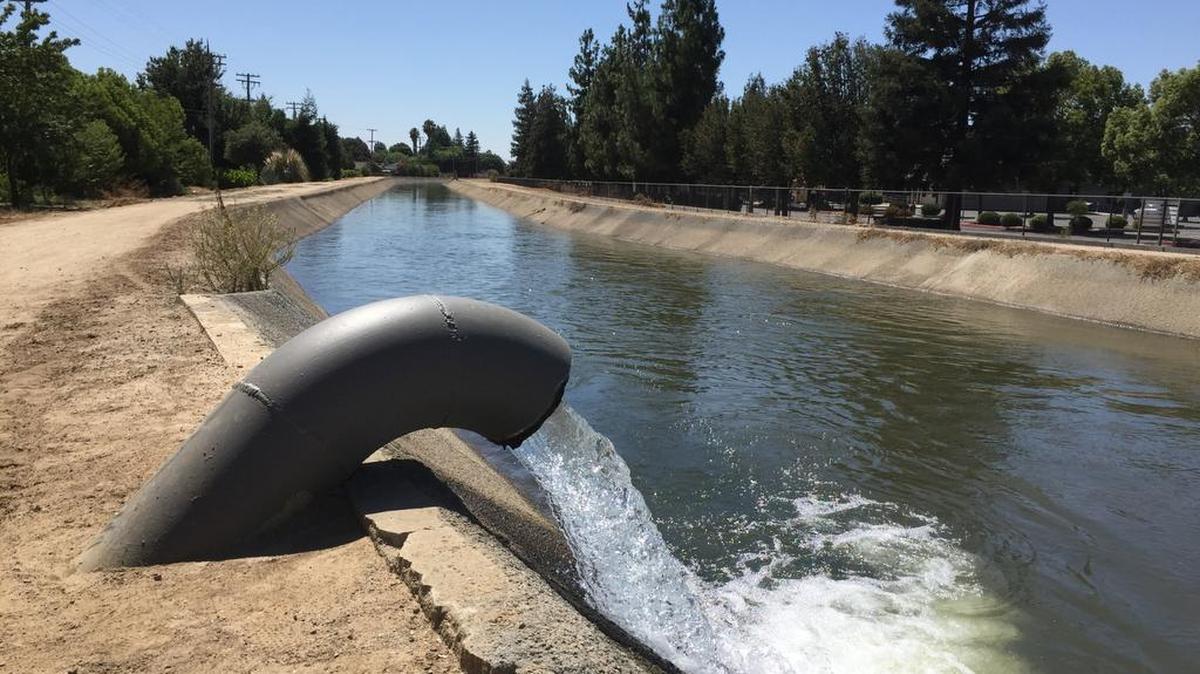 
Water is pumped into a canal southeast of Pelandale Avenue and Tully Road in Modesto in late July.
