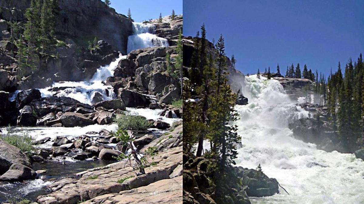 Side-by-side photos of a portion of the Tuolumne River now compared to 10 years ago shows the impact of the wet winter at Yosemite National Park, Calif.