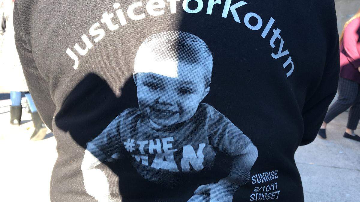 This image of Koltyn Blackwood was on clothing that a family member wore to the Feb. 5, 2021, arraignment of two people charged in his 2019 death in Tuolumne Superior Court.