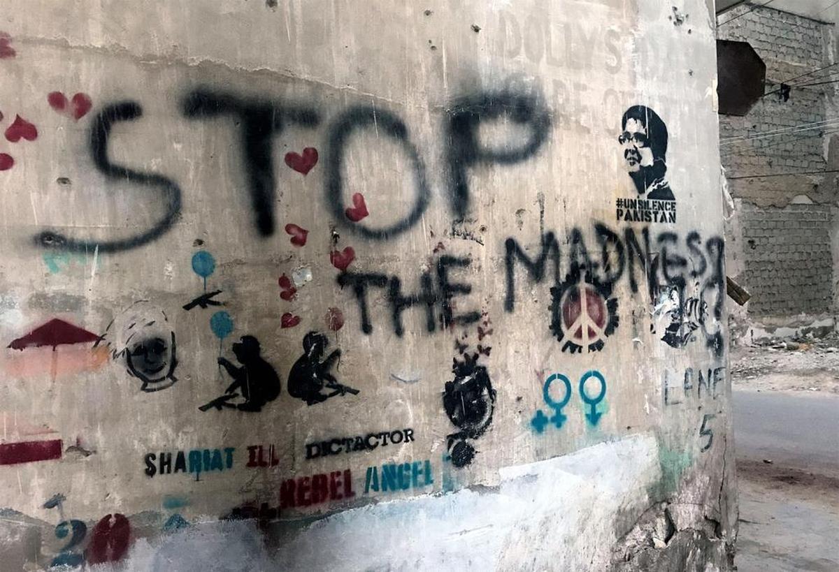 Street art is dedicated to the life of Sabeen Mahmud, a fearless Pakistani human rights advocate who founded The Second Floor, a Karachi cafe that is designed to foster discussions about human rights, peace-building, justice, environment, social development and poverty. Mahumd was shot dead by a gunman in May of 2015 while returning home from a debate she hosted on the Balochistan conflict.