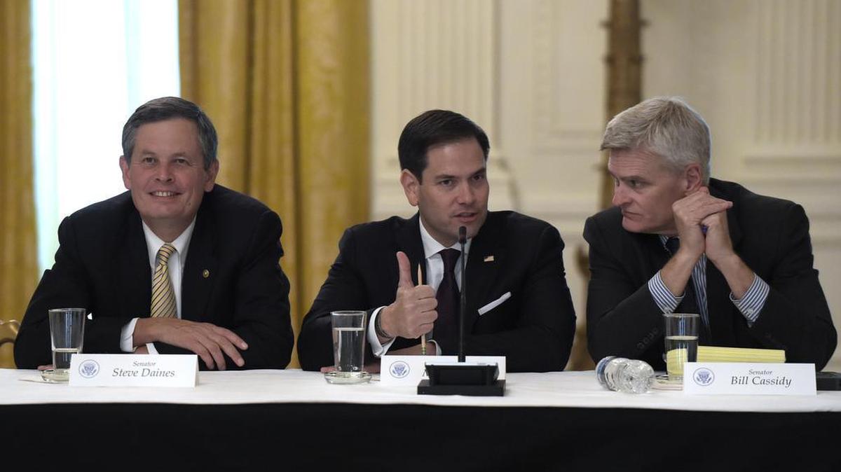 Sen. Marco Rubio, R-Fla., center, flanked by Sen. Steve Daines, R-Mont., left, and Sen. Bill Cassidy, R-La., right, talks as they wait for President Donald Trump to join a meeting of Republican senators on health care in the East Room of the White House in Washington in June.