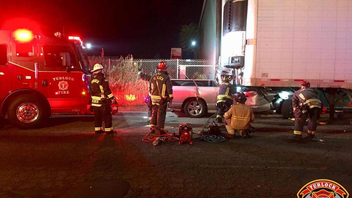 One person died late Saturday (10-28-2017) when a pickup crashed into a parked big rig trailer along Fifth Street near D Street in an industrial area just south of downtown Turlock, California.