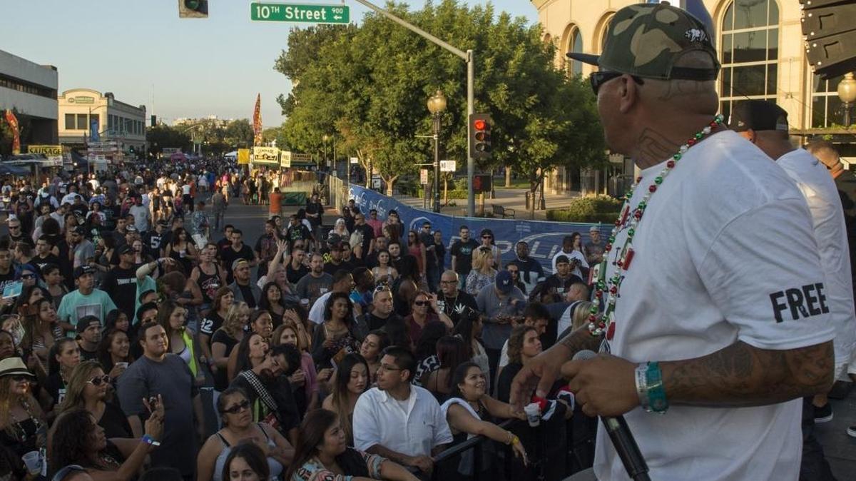 The group Stubborn performs during the X-Fest music festival in Modesto, Calif., on Aug. 22, 2015.