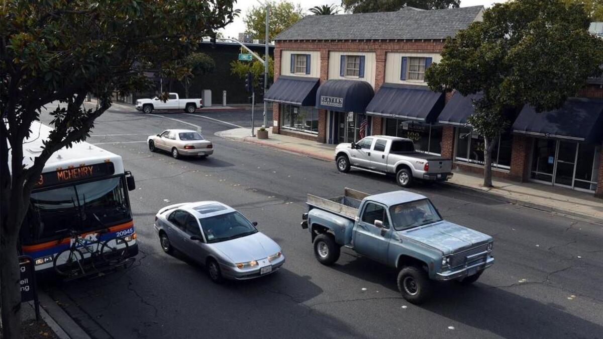 Modesto is considering a beautification project for J Street downtown that would take the part of the street that is 4 lanes just west of 16th St and make it 3 lanes-center turn lane, one travel lane in each direction, plus diagonal parking along much of the street. The roadway is pictured Thursday (11-09-17).