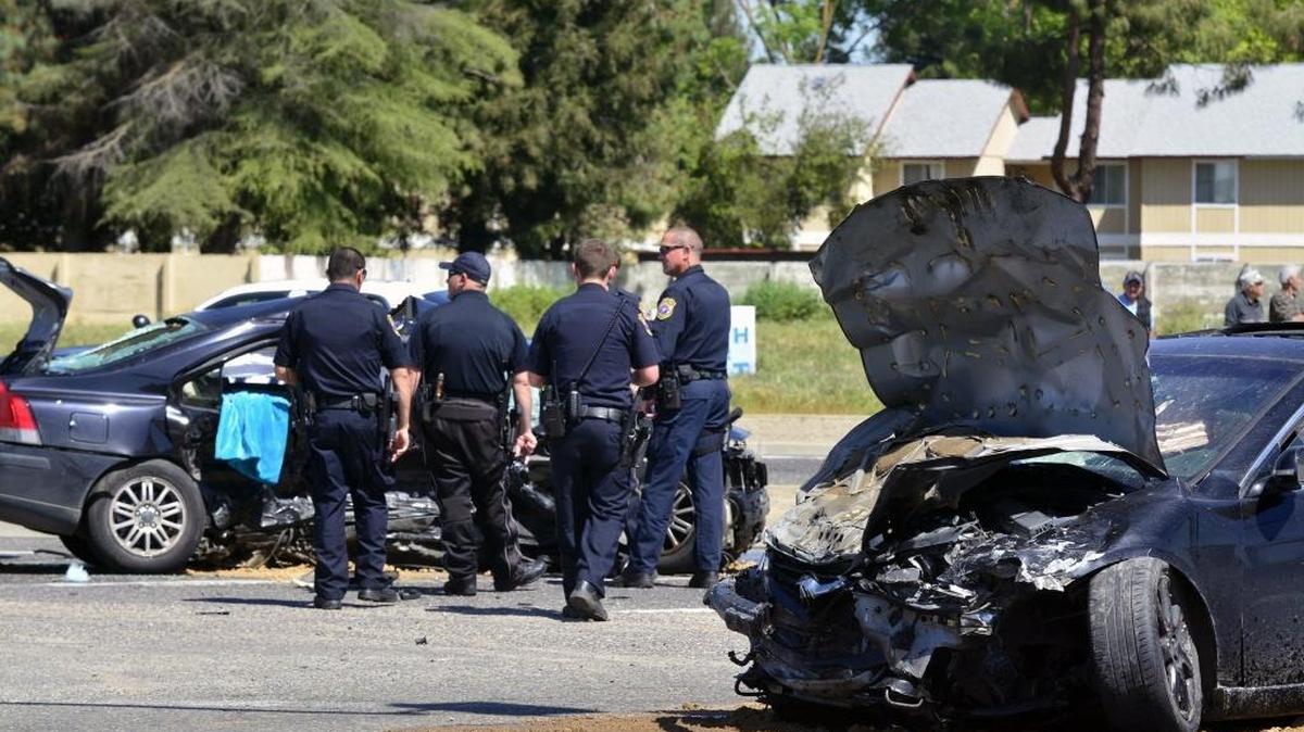A view of the two vehicles, an Acura sedan, right, and a Volvo sedan, involved in a crash at West Hawkeye Avenue and North Golden State Boulevard in Turlock on Wednesday, March 29, 2017