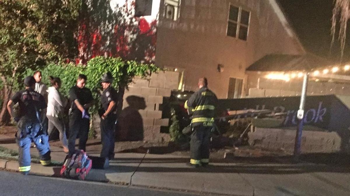 A vehicle slammed through a cinder-block wall early Friday, June 16, 2017, and ended up in a home’s backyard in Village I, the large housing development in east Modesto.