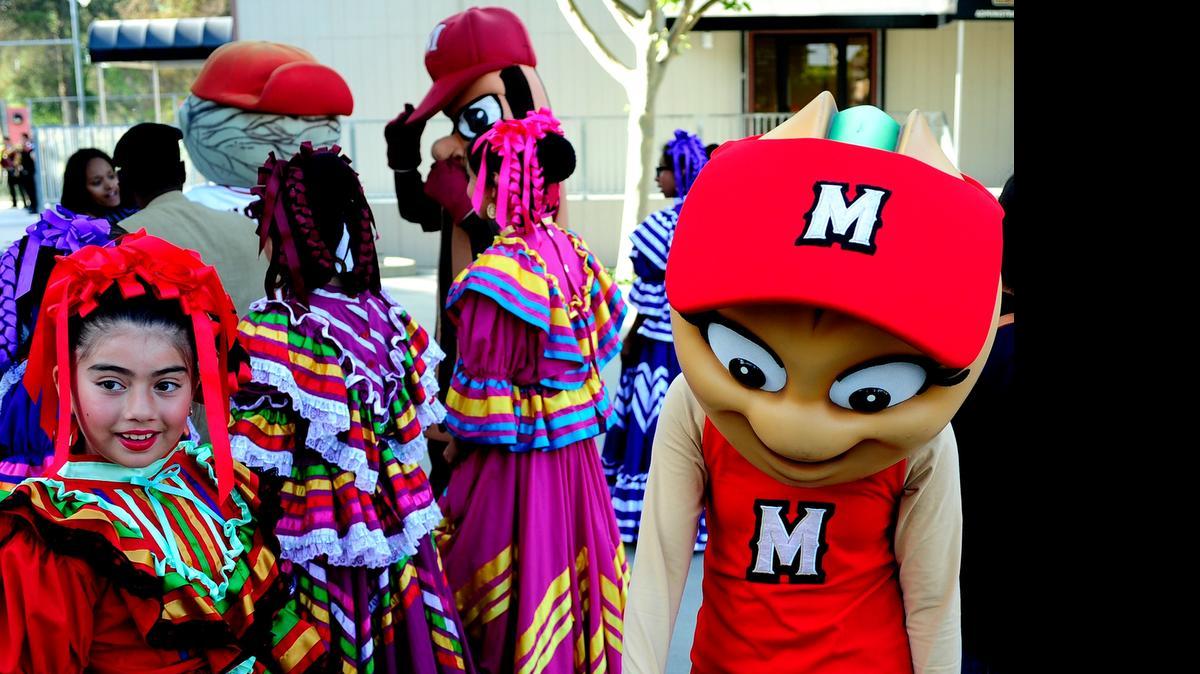 
Modesto Nuts mascot Shelley the Pistachio hangs out with members of Grupo Folklorico on Tuesday. The Nuts celebrated Cinco de Mayo with Mariachi Los Carreterros playing for the fans, and Grupo Folklorico performing in beautiful multicolored dresses. The Impala Classic Car Club was also on hand to show their classic cars.
