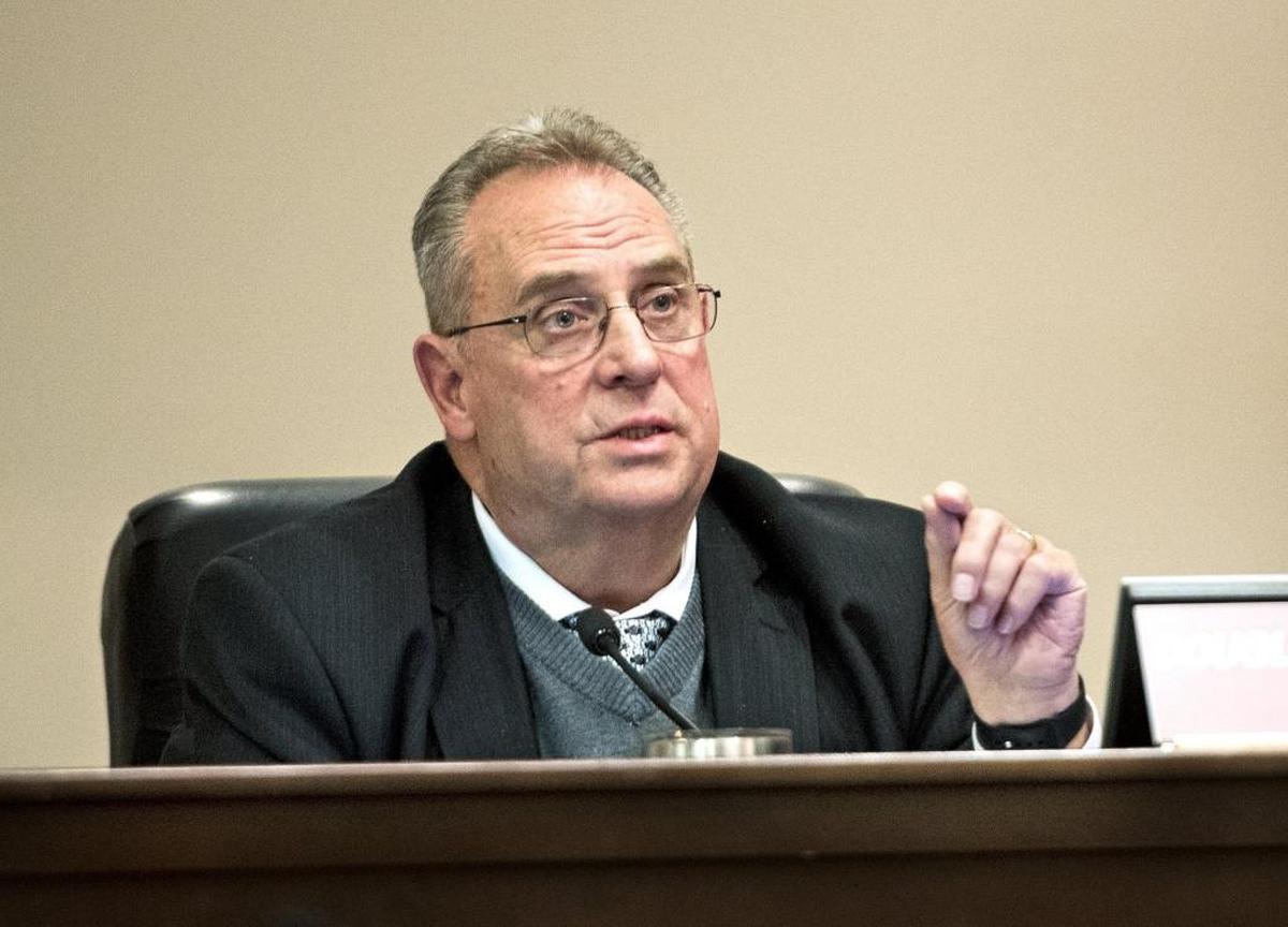 Councilman Doug Ridenour makes a statement as the council discusses the creation of a temporary low-barrier homeless shelter during the Modesto City Council meeting at 10th Street Place in Modesto, Calif., on Tuesday, Feb. 27, 2018.