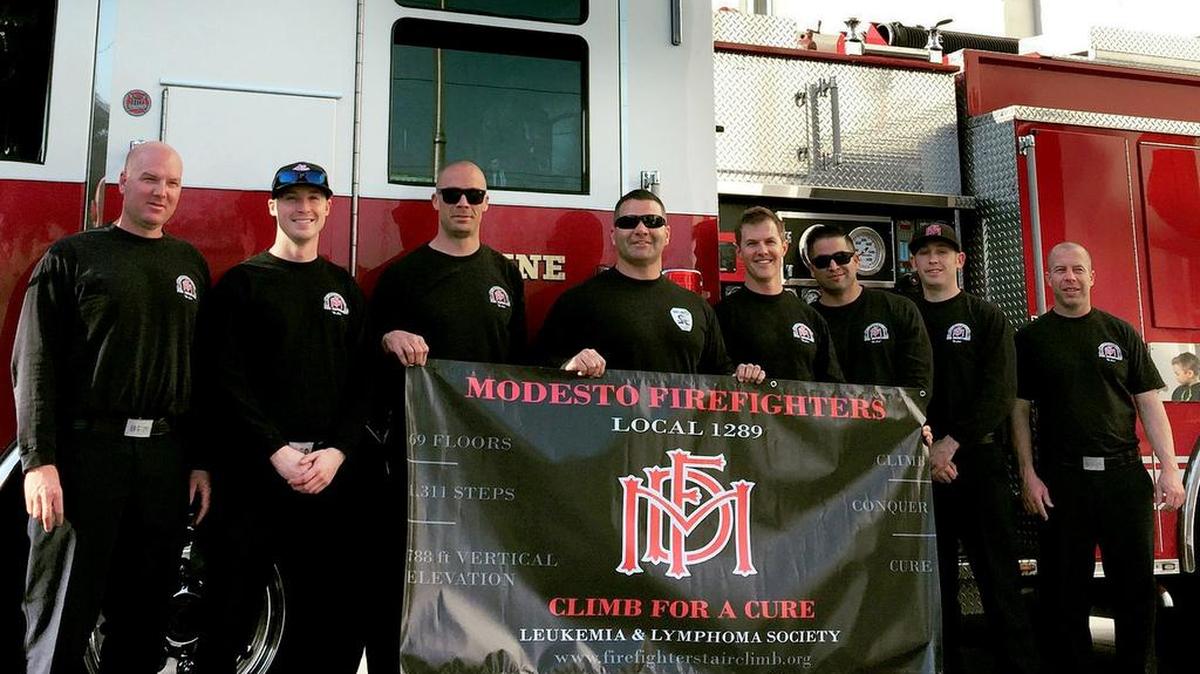 Eight Modesto firefighters went to Seattle to participate in the Leukemia & Lymphoma Society’s Climb for a Cure fundraiser: from left, Doug Rice, Andy Harrison, Scott Hall, Doug Escalante, Kieran Malone, Paul Cole, John Walker and Ryan Winton.