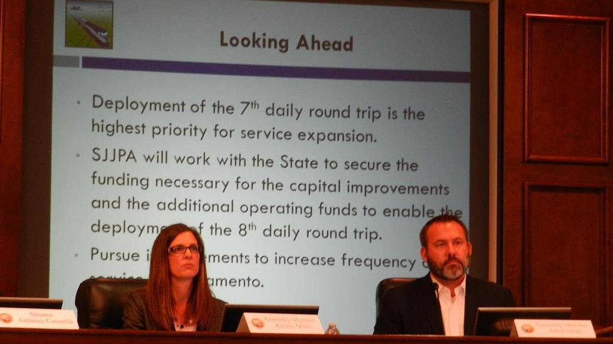 
Assembly members Kristin Olsen and Adam Gray listen to a presentation on the San Joaquin Joint Powers Authority on Friday  morning during a rail hearing in the basement chambers of Tenth Street Place in downtown Modesto.
