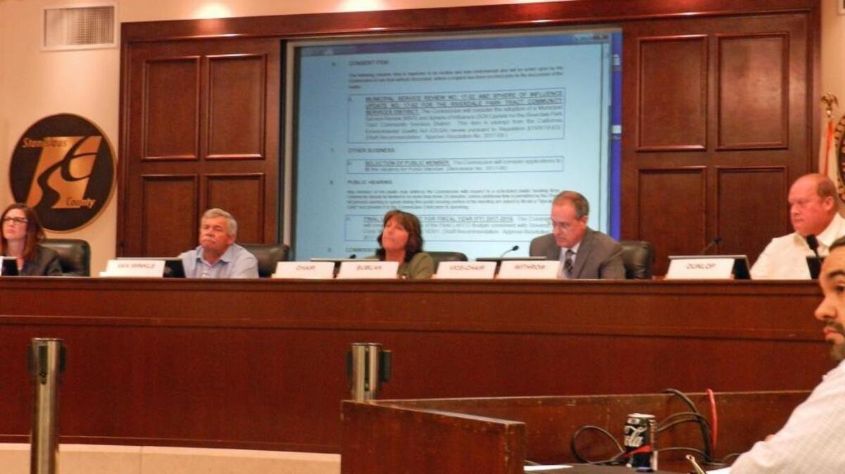Stanislaus LAFCO commissioners, from left, Kristen Olsen, Michael Van Winkle, Amy Bublak, Terry Withrow and Tom Dunlop listen to candidates at the agency's meeting on Wednesday, May 24, 2017, at Tenth Street Place in Modesto, Calif.
