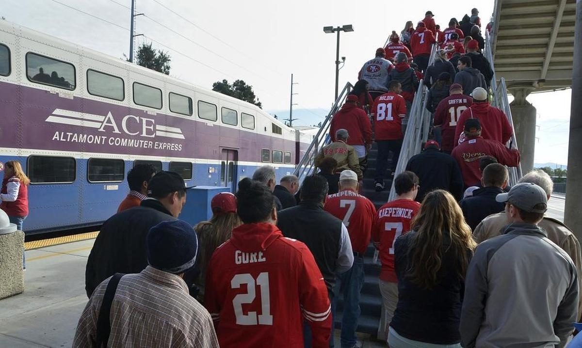 Fans rode an Altamont Corridor Express train to a 49ers football game in Santa Clara, California, in November 2014.