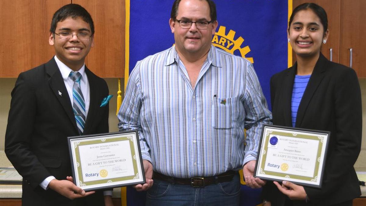 From left, Jesus Cervantes of Enochs High, Tracy Rotary Club immediate Past President Mike Souza, and Anoopjot Bains of Turlock High attend Rotary District 5220’s speech contest last weekend in Turlock. Bains took third place and its $500 prize. Cervantes received honorable mention.