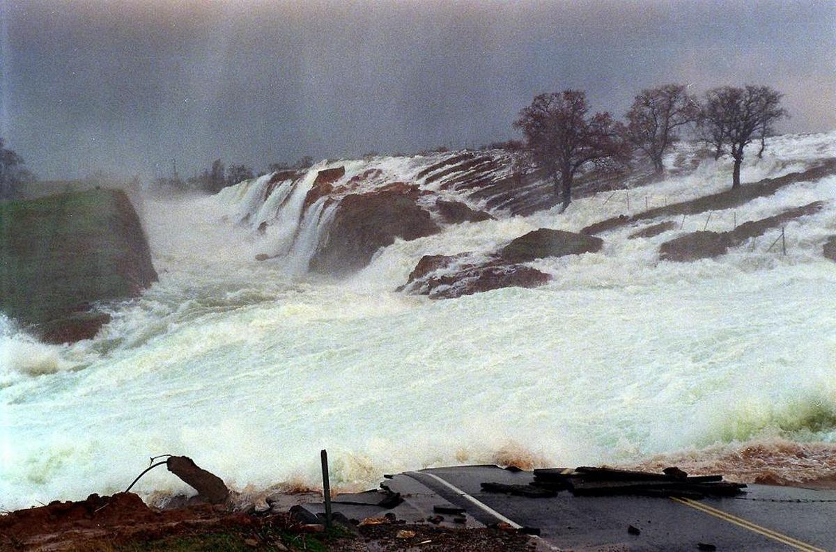 A section of Bonds Flat Road washed away - as designed - when the spillway at Don Pedro Reservoir was opened Jan. 3, 1997. The road was rebuilt after.