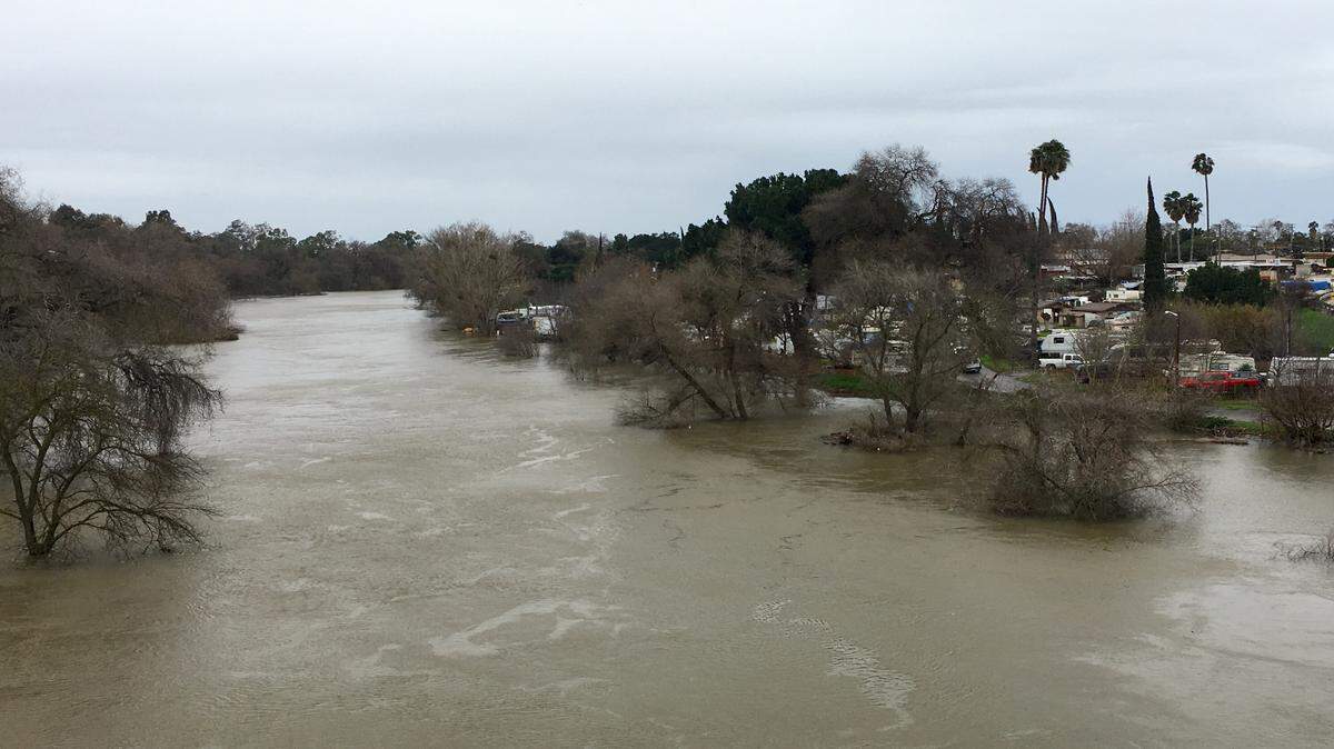 The Tuolumne River was less than an inch below flood stage on Friday, Feb. 17, 2017. (Brian Clark/bclark@modbee.com)