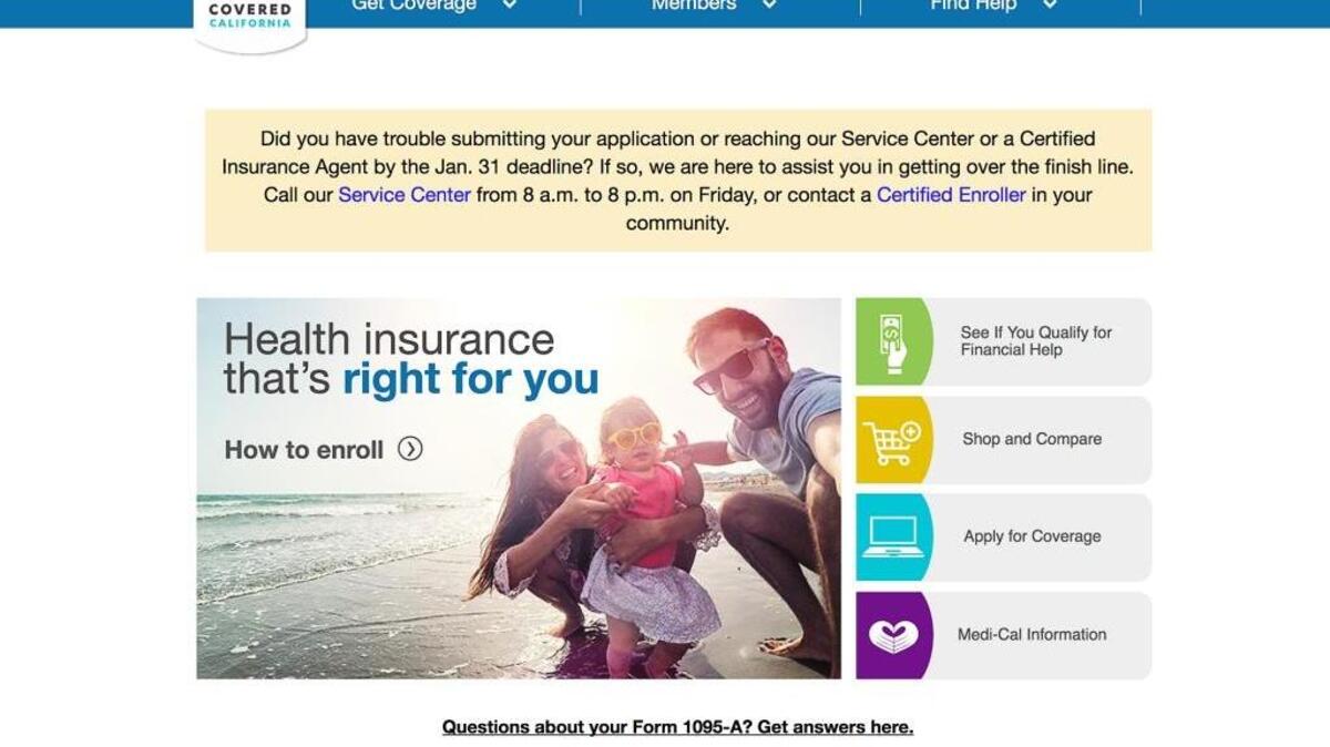 Screenshot of Covered California’s website