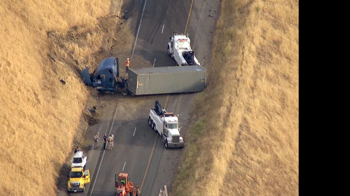 
A big rig overturned on southbound Interstate 5 south of Sperry Avenue in Patterson on Monday morning, closing two lanes.
