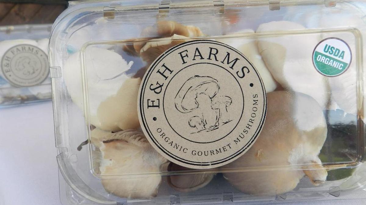 A clamshell package holds oyster mushrooms from E&H Farms near Oakdale.