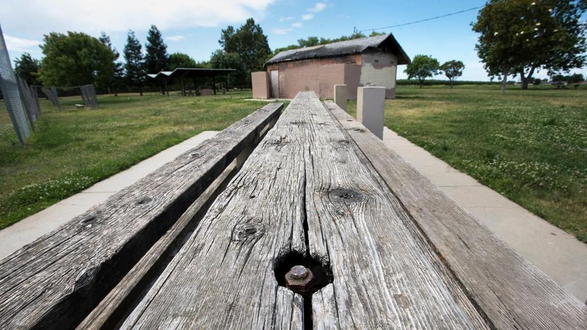 The bleachers are suffering from neglect and the bathrooms have not been repaired after they were damaged by arson at Fairview Park in south Modesto, Calif., on Monday, May 23, 2016.